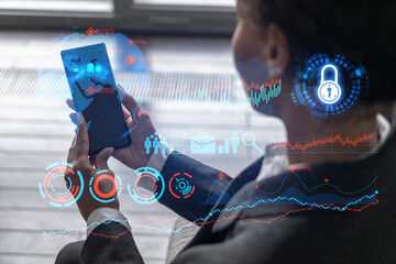 Businesswoman using phone, work in modern office on new project. Double exposure. Concept of...