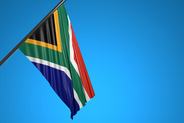 3D illustration of the national flag of South African Republic on a metal flagpole fluttering against the blue sky.Country symbol.