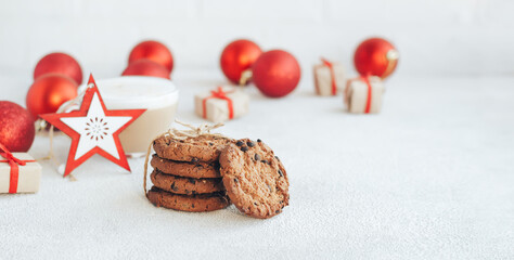 Christmas cookie with chocolate and coffee. New Year's decorations on the white background.