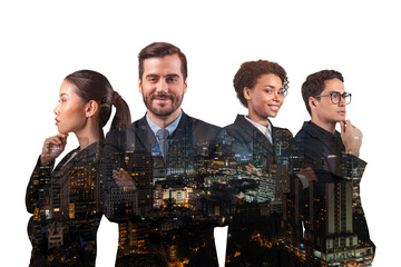 Double exposure of four young, successful, business people standing in front of Asian city Bangkok background. Concept of international teamwork together. Night time.