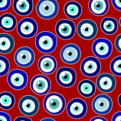 Seamless Nazar Boncugu amulet blue eye pattern. Turkish, Greece, arabian Talisman on burgundy red background. Fatima Eye protection symbol set. Magic round sign. Glass evil eye vector illustration