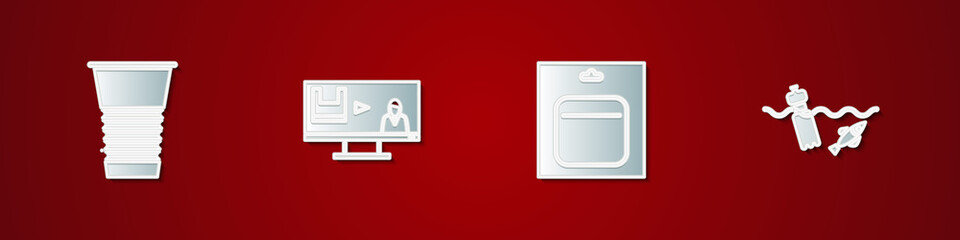 Set Paper glass, Stop plastic pollution, Battery in pack and Problem of the ocean icon. Vector.