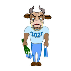 Bull, symbol of 2021. Chinese horoscope. Cartoon sports physique Bull in a t-shirt and pants with a bag and a bouquet of flowers goes on a date. Vector print for a t-shirt, mug, New Year's souvenir.