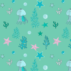 Fototapeta na wymiar vector pattern for children, toys, sea drawings, corals, jellyfish and starfish