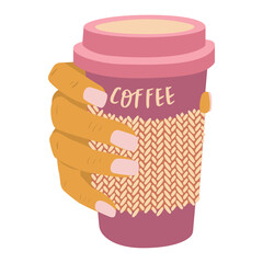 Flat vector cartoon illustration of a hand holding a takeaway coffee. The concept of a cheerful morning and a coffee break. Isolated design on a white background.