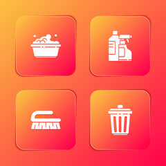 Set Plastic basin with soap suds, Bottles for cleaning agent, Brush and Trash can icon. Vector.