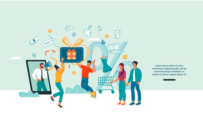 Online shopping promotion, discounts and customer referral program web banner. E-commerce and mobile marketing site with shoppers interested in making purchases through customer acquisition programs.