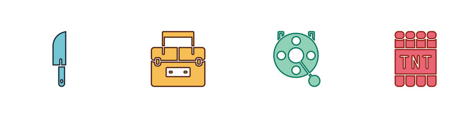 Set Knife, Case container for wobbler, Spinning reel fishing and Detonate dynamite bomb stick icon. Vector.