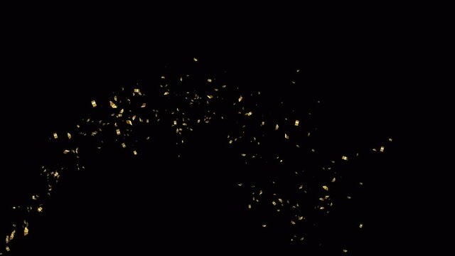 alpha channel realistic golden confetti explosion animation footage,metallic shiny and glowing ribbons,transparent flying yellow confetti for birthday party and celebration,png video 