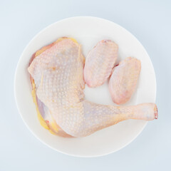 Two chicken wings and chicken leg on the plate.
