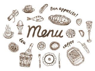 Food and drink illustrations in retro style made by sepia tone pencil