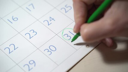 Happy new year date. Woman mark date December 31 as day before Holiday. 2021 year come. Green marker. Close up. Holidays of year Concept