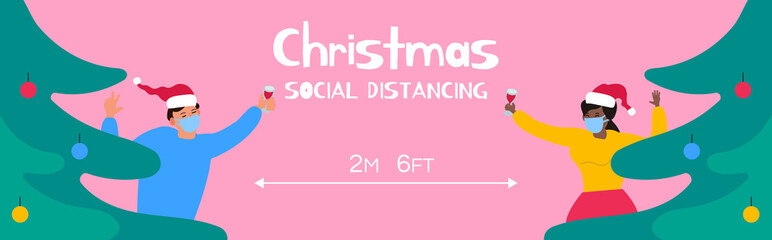 christmas social distancing man and woman in medical masks with alcohol beverages near spruce trees vector illustraion