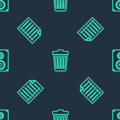 Set line Trash can, Document and Stereo speaker on seamless pattern. Vector.