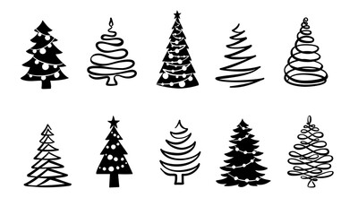 Christmas tree black and white symbols. Fir tree line drawing, vector icon. Holiday design elements isolated on white. Simple shape concept. For winter season cards, New year party posters and banners