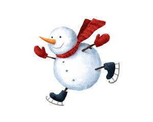 snowman with red scarf and mittens is skating