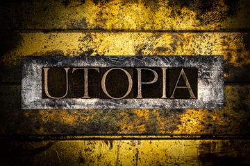 Fotobehang Utopia text on textured lead with grunge copper and vintage gold background © IHX