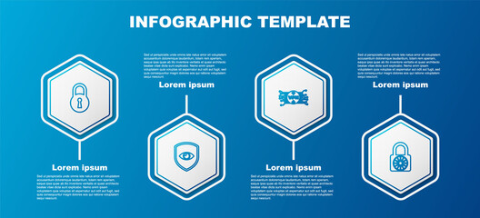 Set line Lock, Shield and eye, VPN with microchip circuit and Safe combination lock wheel. Business infographic template. Vector.