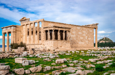 The Erechtheion or Erechtheum, an ancient Greek temple on the north side of the Acropolis of Athens in Greece, dedicated to Athena and Poseidon.