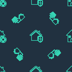 Fototapeta premium Set line House under protection, with solar panel and Smart home on seamless pattern. Vector.