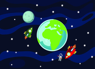 rocket, planet, space, astronaut, earth, sun, vector illustration of the cosmic world