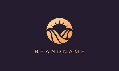 wave of ocean water and sun in the form of abstract circle in gold are suitable for logo and icon