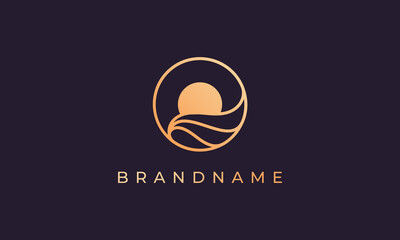 Ocean water wave and sun in a circle with a gold line art style suitable for logo and icon
