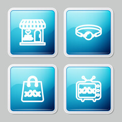 Set line Sex shop building, Silicone ball gag, Shopping bag with triple X and tv old television icon. Vector.