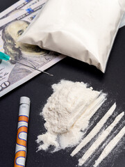 hundred dollars bills cocaine heroine drug addiction social issues concept