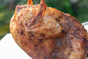 close-up of a bright juicy chicken in spices cooked on the grill entirely. Blurry green background. horizontal images