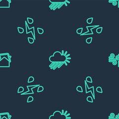 Set line Cloudy with rain and sun, Storm and Tornado swirl on seamless pattern. Vector.