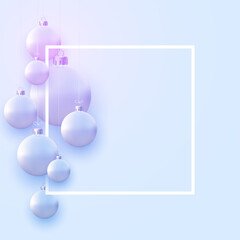 Matt light blue christmas balls hanging on threads.