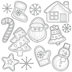 Gingerbread christmas.Coloring book antistress for children and adults.Zen-tangle style.Black and white drawing