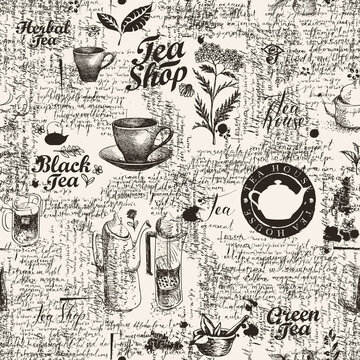 Seamless pattern on the theme of tea and tea shop with sketches,  inscriptions and handwritten text lorem ipsum. Vector abstract background  with drawings and notes. Wallpaper, wrapping paper, fabric Stock Vector |