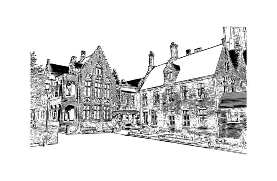 recommend clip art: Building view with landmark of Bruges
                    is the city of Belgium. Hand drawn sketch illustration in vector.