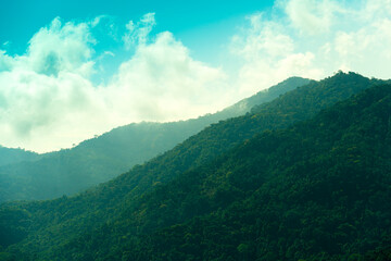 Mountains overlapping with clouds of mist floating above.