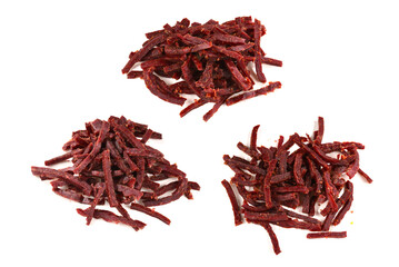 Jerky beef stick isolated on white.