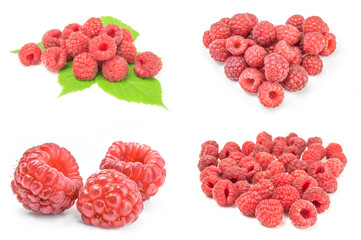 Collage of sweet raspberry isolated on white