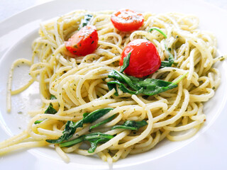 Tasty pasta with salmon on a the table