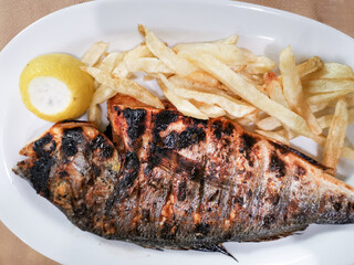Grilled fish with zucchini and vegetables in white plate ready to be served