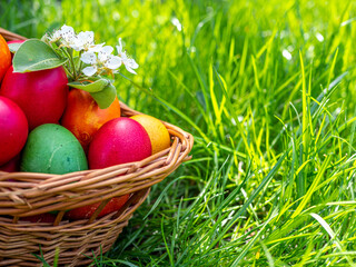 basket with colored easter egss sitting in green grass