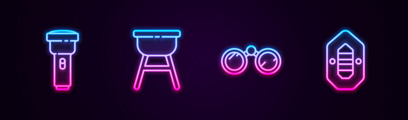 Set line Flashlight, Barbecue grill, Binoculars and Rafting boat. Glowing neon icon. Vector.