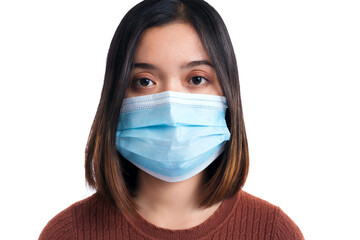 Young Asian woman wearing protection mask isolated on white background.