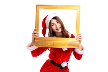 Young woman holding a golden TV frame isolated on white background.