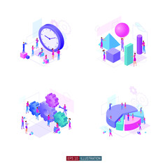 Trendy flat illustration set. Teamwork metaphor concept. Office workers planing business mechanism, analyze business strategy and exchange ideas. Template for design works. Vector graphics.