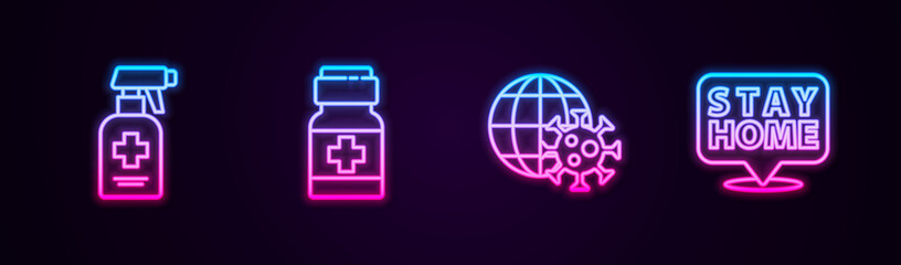 Set line Liquid antibacterial soap, Medicine bottle and pills, Earth globe with virus and Stay home. Glowing neon icon. Vector.