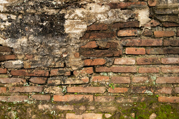 Empty Old Brick Wall Texture. Painted Distressed Wall Surface. Grungy Wide Brickwall. Grunge Red Stonewall Background. Shabby Building Facade With Damaged Plaster.