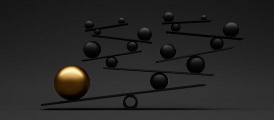 Balancing system of golden and black spheres with dark background - 3D illustration