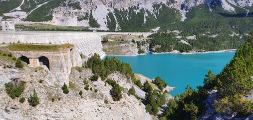 artificial lake in the alps in italy in summer 2020