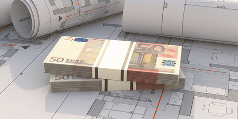 Construction cost budget concept. Money european euro banknotes on blueprint plans background. Construction budget concept. 3d illustration